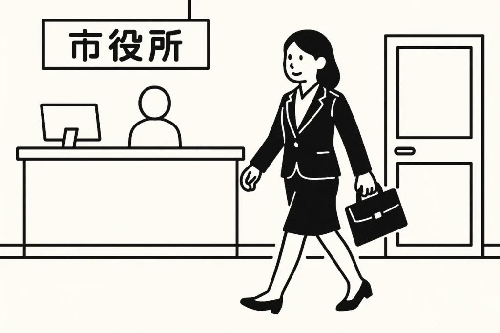 スーツ姿の女性がブリーフケースを持って市役所の受付カウンターに向かって歩いているモノクロ線画イラスト。