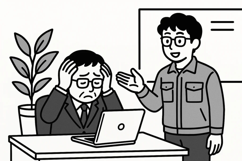 スーツ姿の小柄な社長がデスクに座ってパソコンを見て頭を抱えていて悩んでいる。くせ毛の黒い眼鏡をかけた作業着をきた若手男性社員が僕に任せてくださいというジェスチャーで立っている。