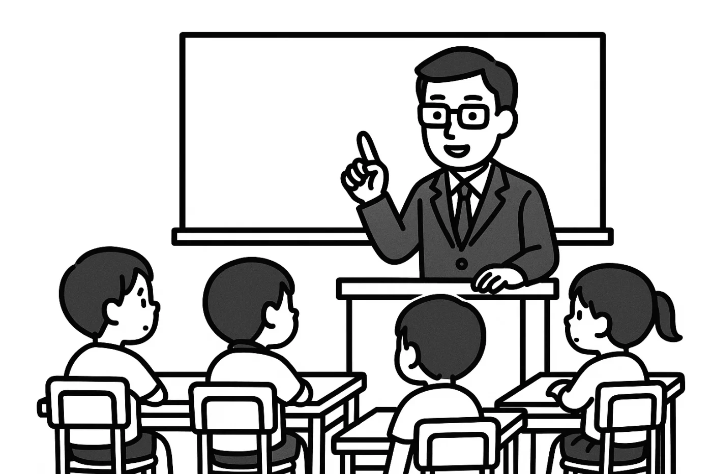 眼鏡をかけたスーツ姿の男性教師が教壇に立ち、人差し指を立てて説明している。教室には4人の小学生が座って授業を受けている様子を描いたモノクロのイラスト